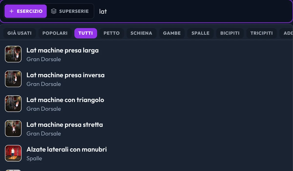 Ricerca esercizi in NoSpot Coach: scrivendo lat compaiono lat machine presa larga, presa inversa, triangolo e presa stretta